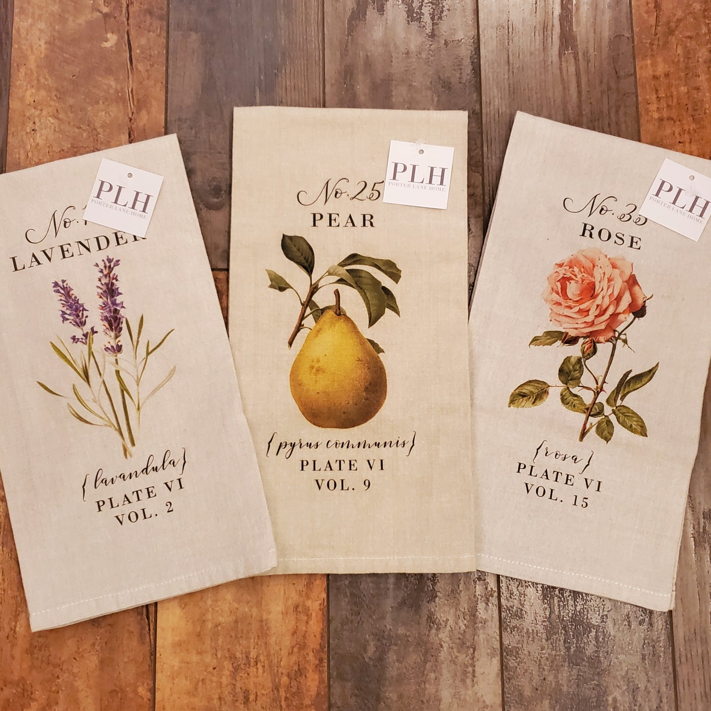 lavender, pear, rose botanical tea towels (set of 3)