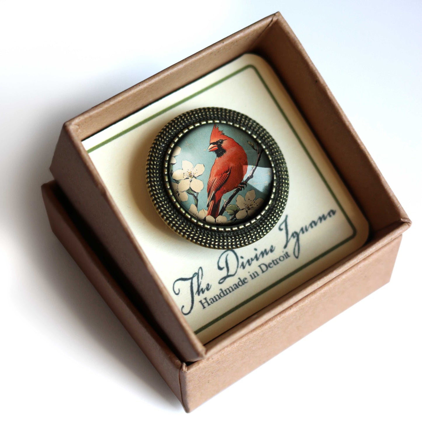 Vintage Cardinal Glass Cabochon Brooch