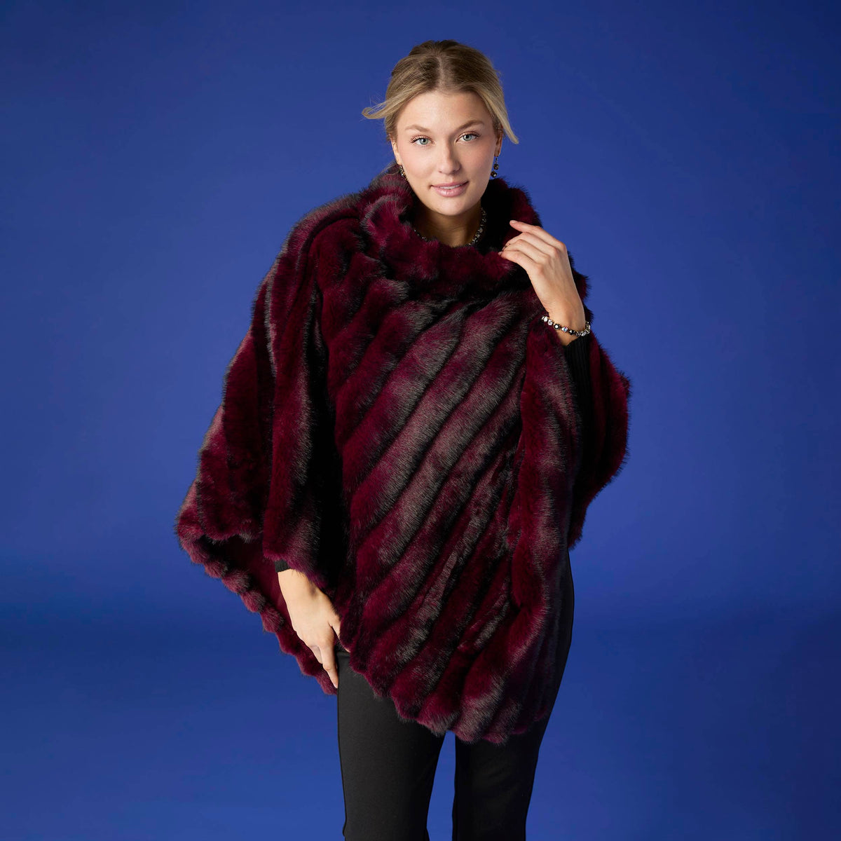 Wrenley Faux Fur Poncho: Merlot/Black