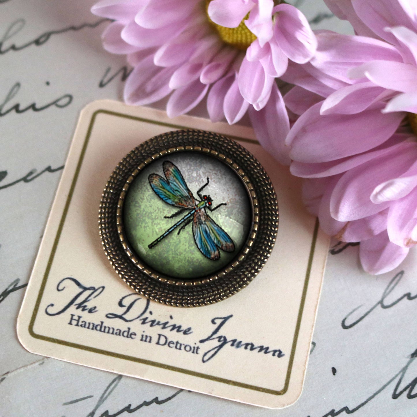 Dragonfly Vintage Inspired Glass Cabochon Brooch