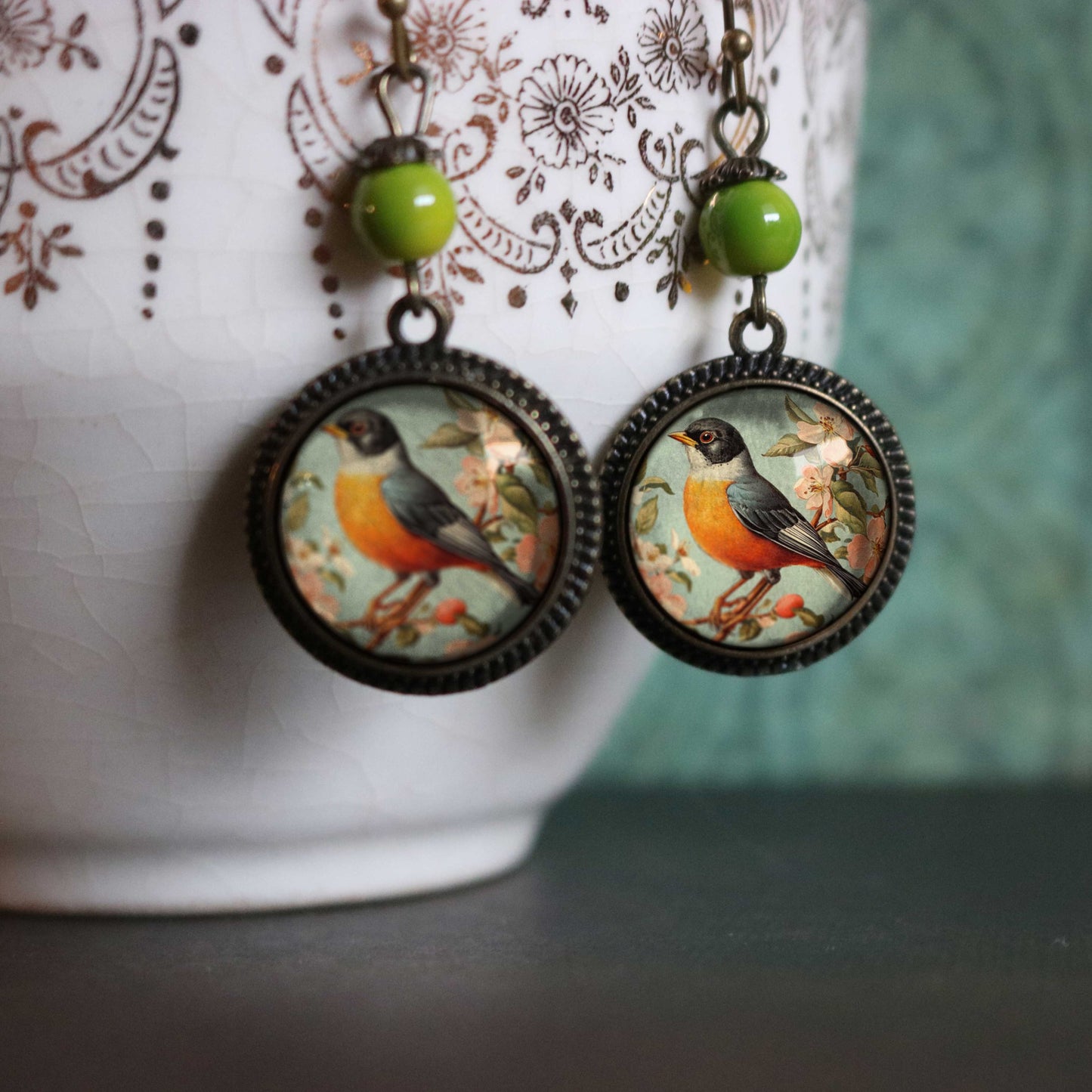 Vintage Robin Bird Vintage Inspired Glass Cabochon Earrings