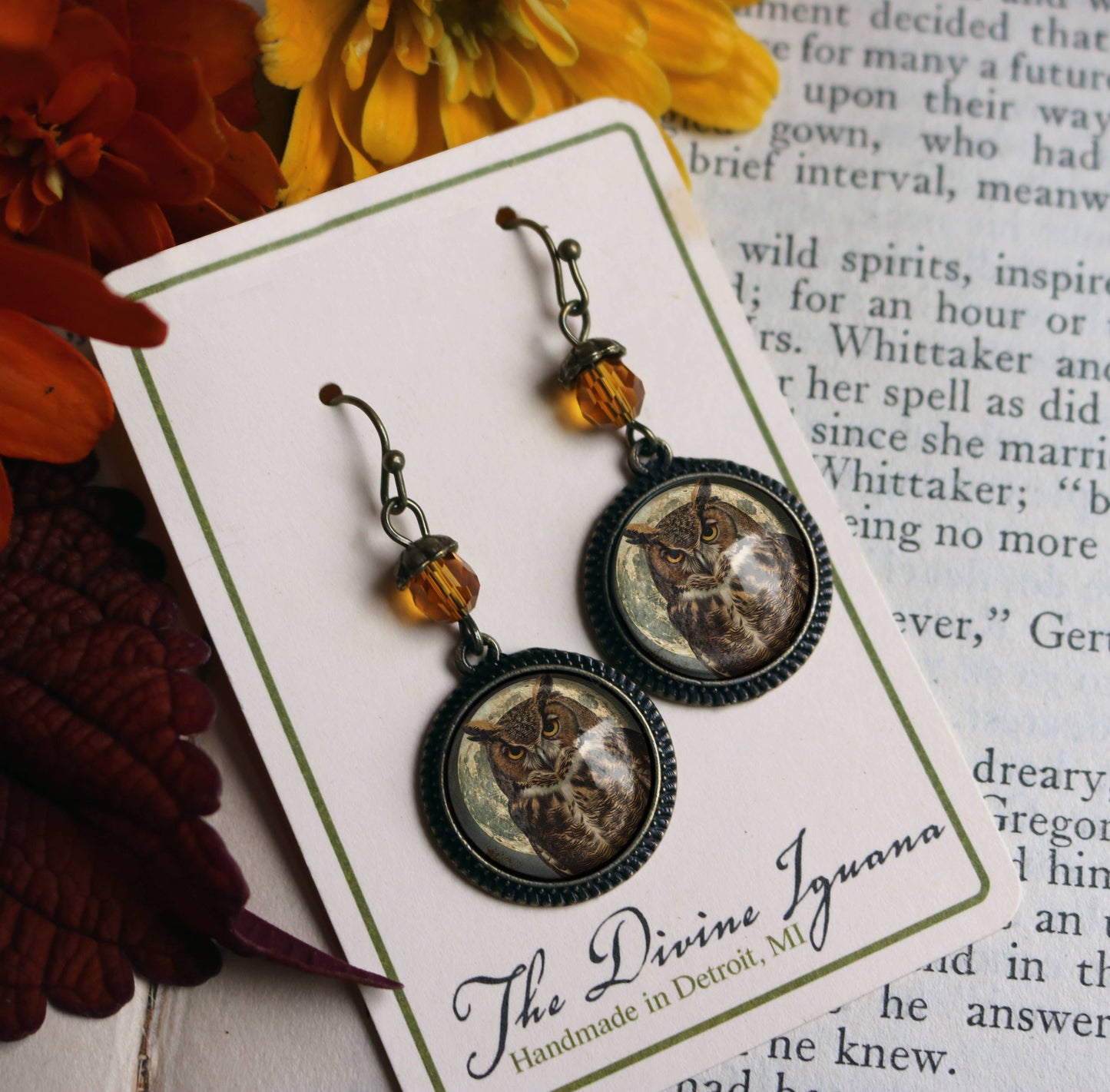 Victorian Owl Bronze and Glass Cabochon Earrings