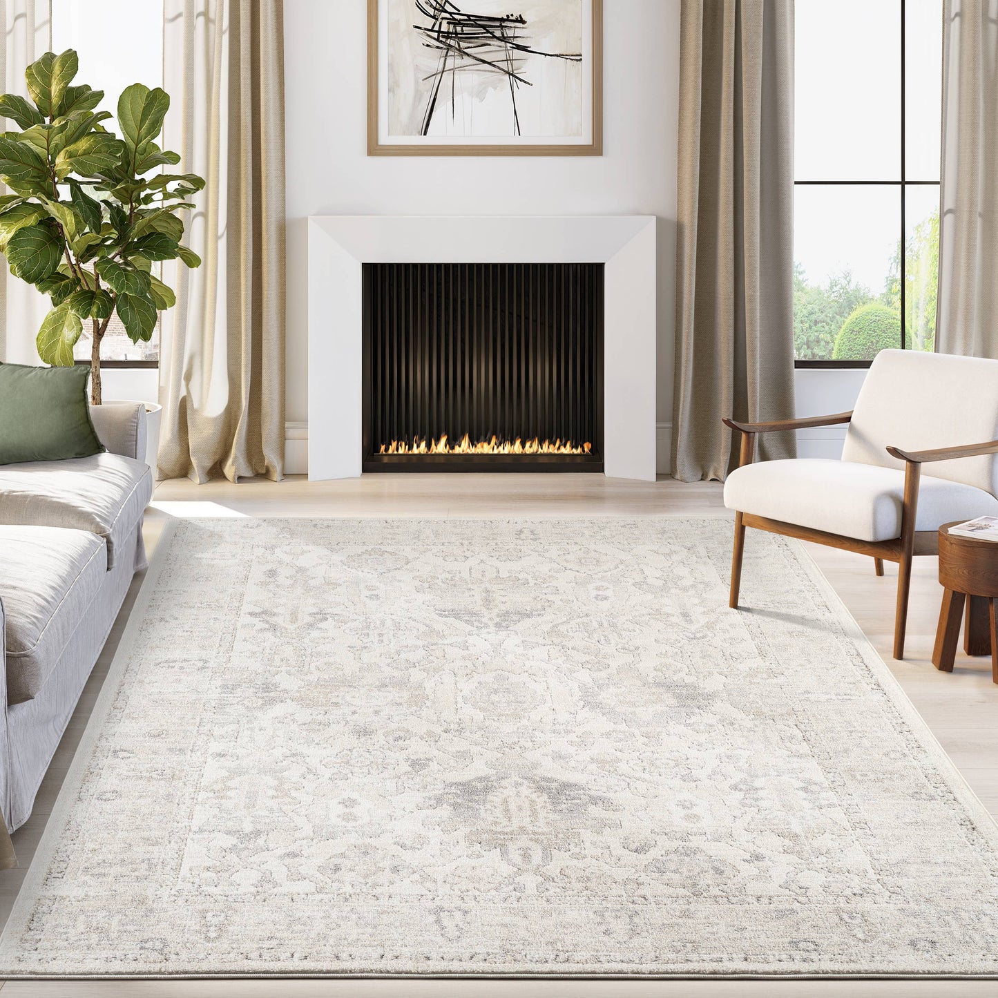 Beau Vintage Cream and Grey Distressed Medallion Design: 5'3" x 7'7"