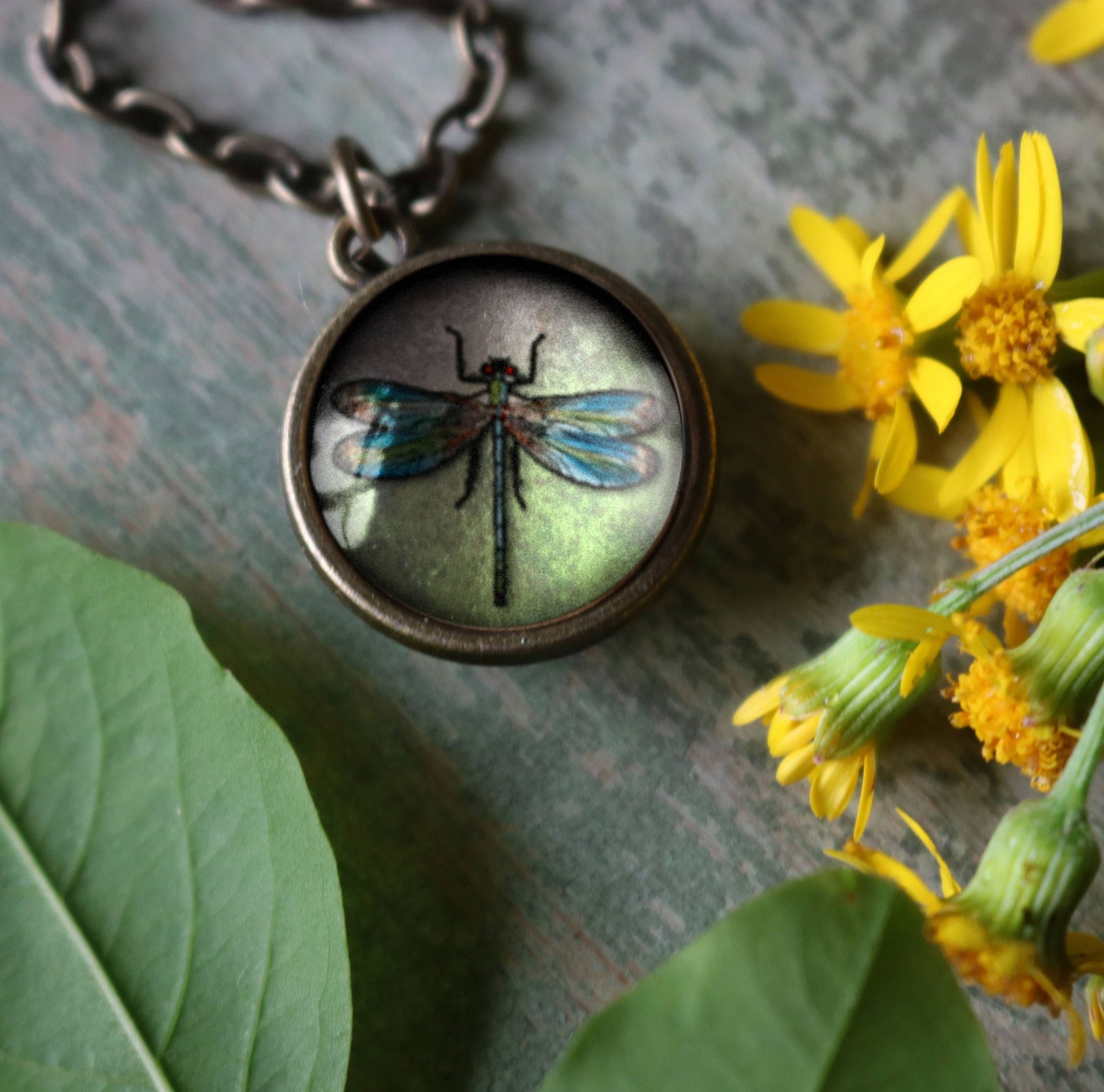 Dragonfly Simple Reversible Glass Cabochon Pendant Necklace