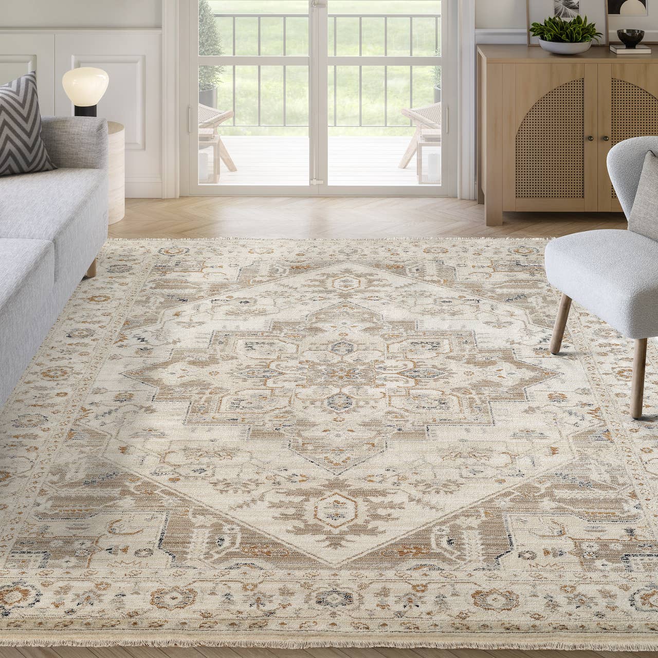 Alara Ivory Beige Vintage Geometric Medallion Area Rug: 6' x 9'5"