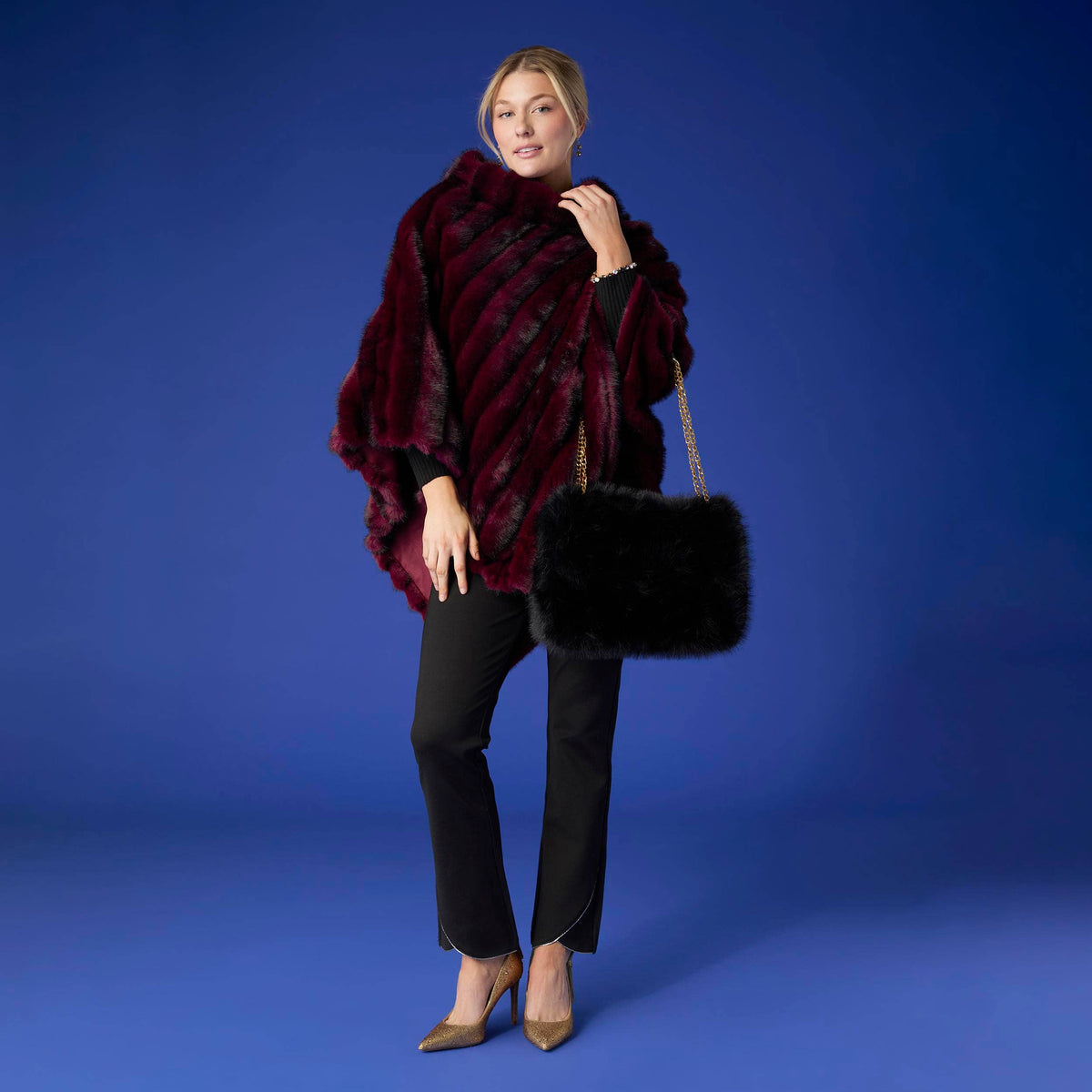 Wrenley Faux Fur Poncho: Merlot/Black