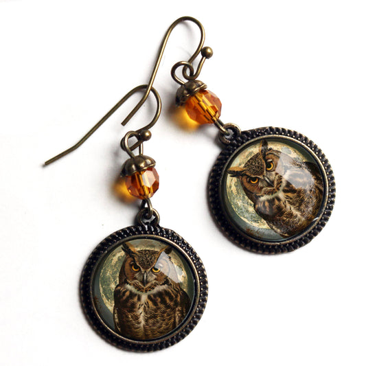 Victorian Owl Bronze and Glass Cabochon Earrings