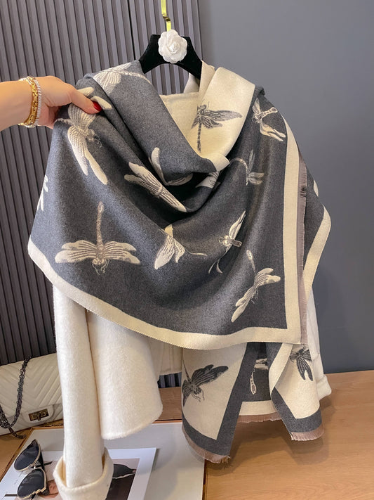 Gray / Ivory Dragonflies Reversible Wrap