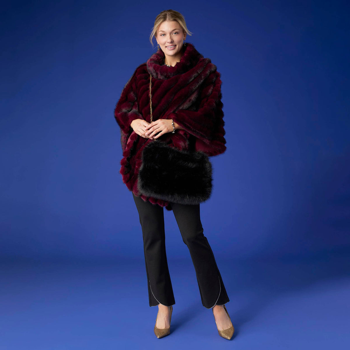 Wrenley Faux Fur Poncho: Merlot/Black