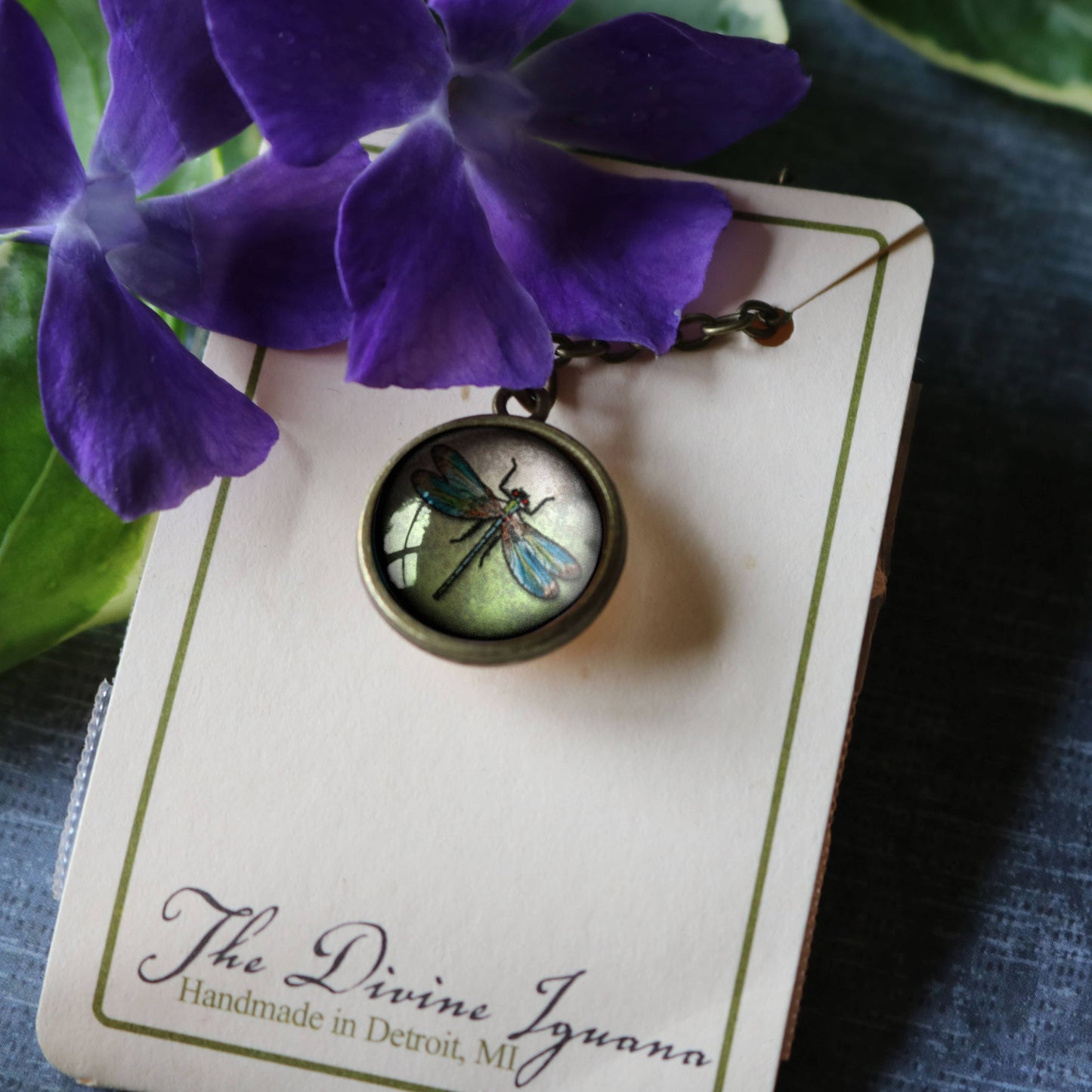 Dragonfly Simple Reversible Glass Cabochon Pendant Necklace