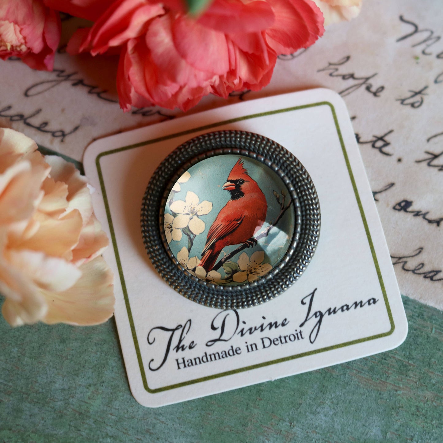 Vintage Cardinal Glass Cabochon Brooch