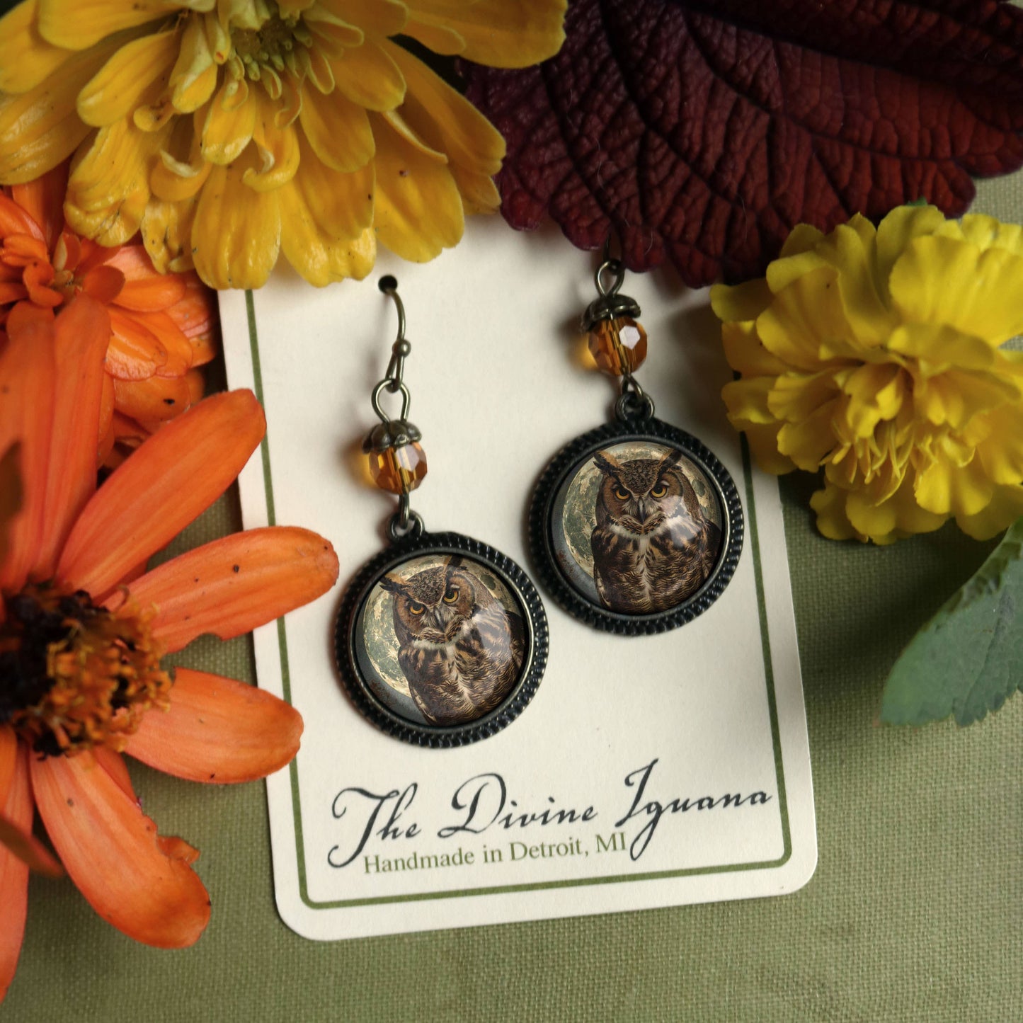 Victorian Owl Bronze and Glass Cabochon Earrings