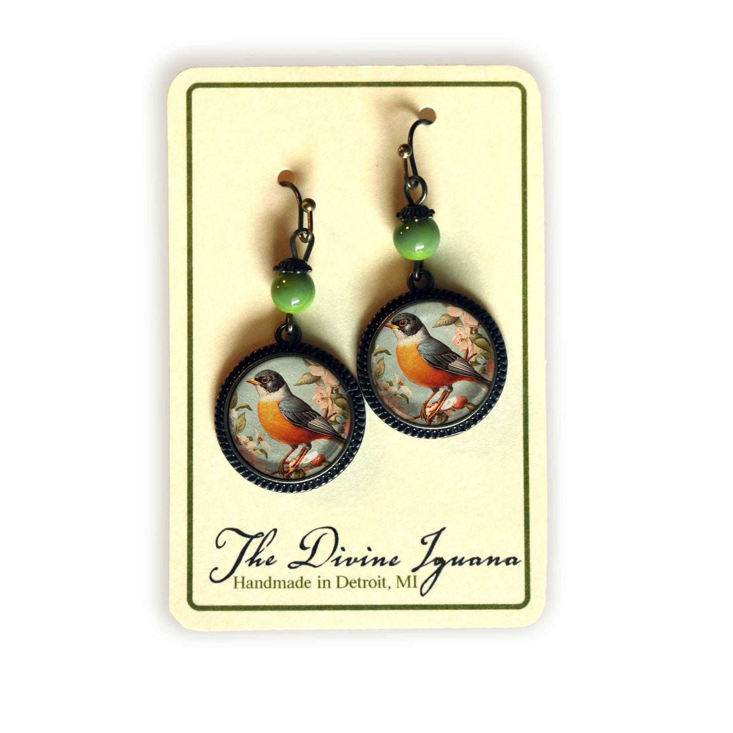 Vintage Robin Bird Vintage Inspired Glass Cabochon Earrings
