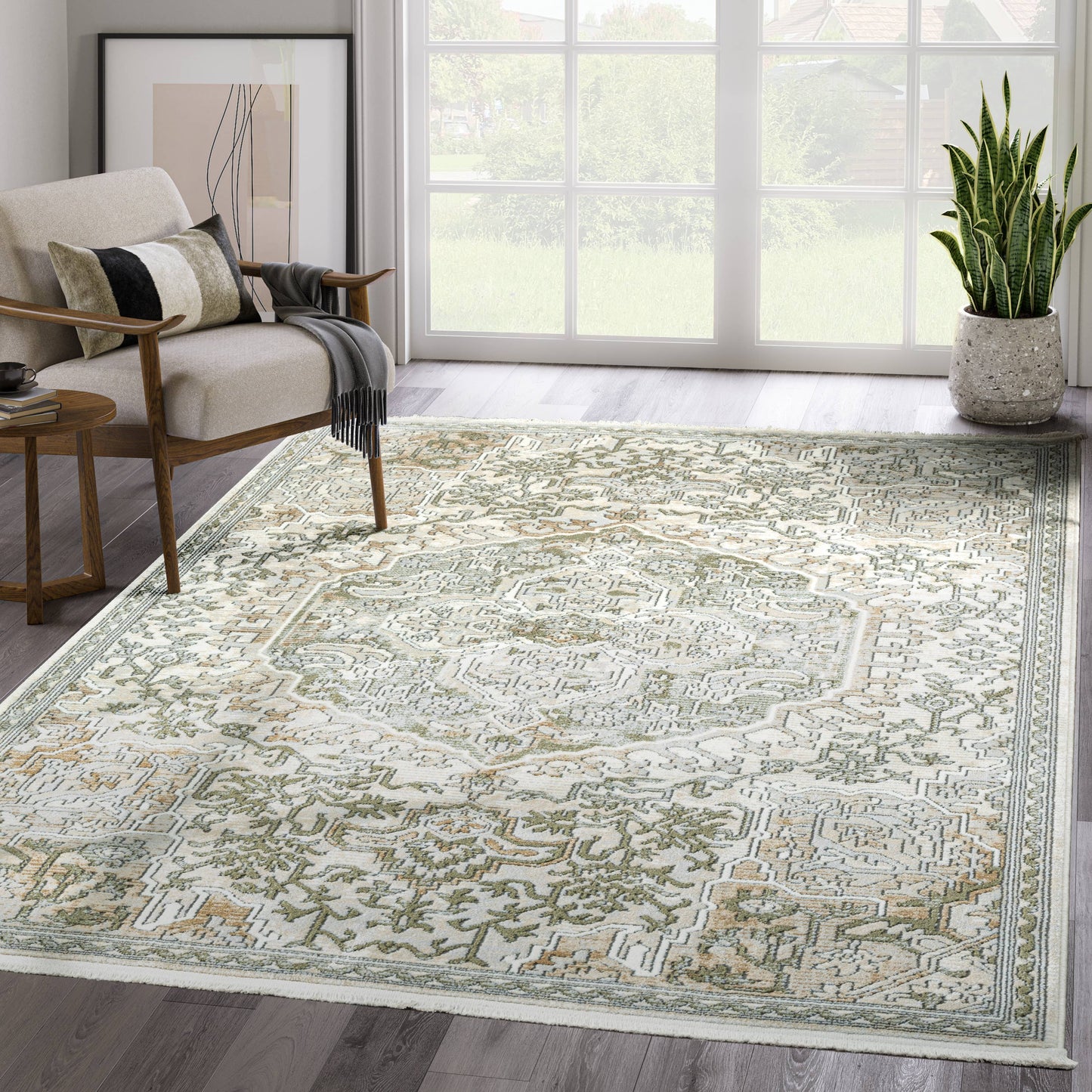 Abani Savoy Green Beige Medallion Area Rug: 7'9" x 10'2"