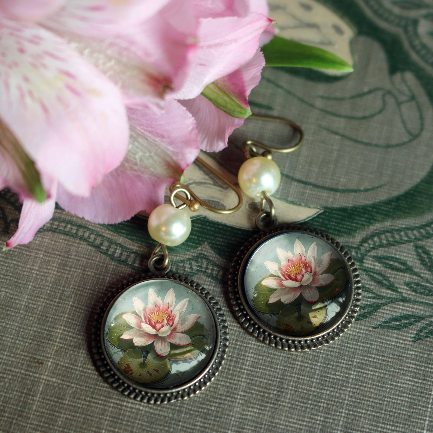 Waterlily Glass Cabochon Earrings w/ Pearl Bead