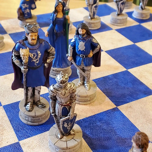 CHESS SET King Arthur Resin Men on Blue & Cream Board