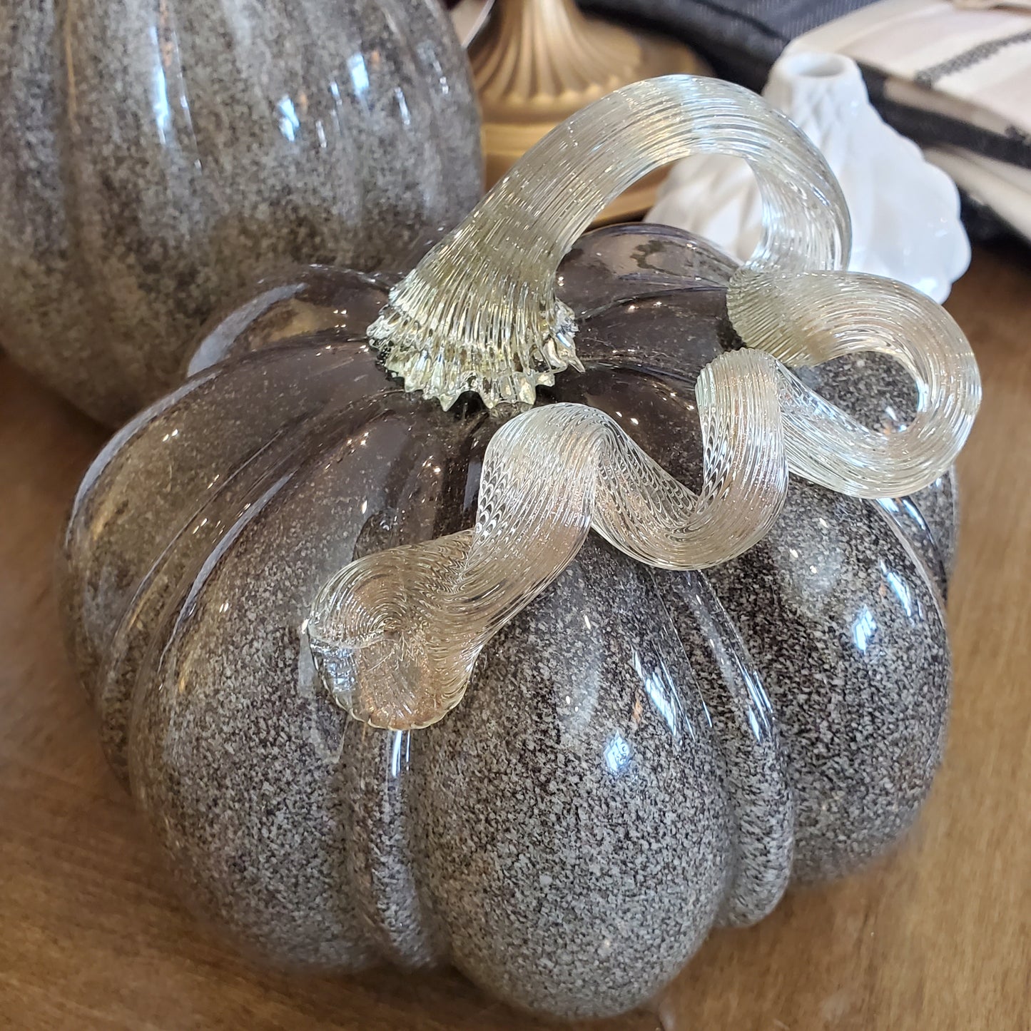 Hand-Blown Glass Pumpkin — Green/Gray, Large
