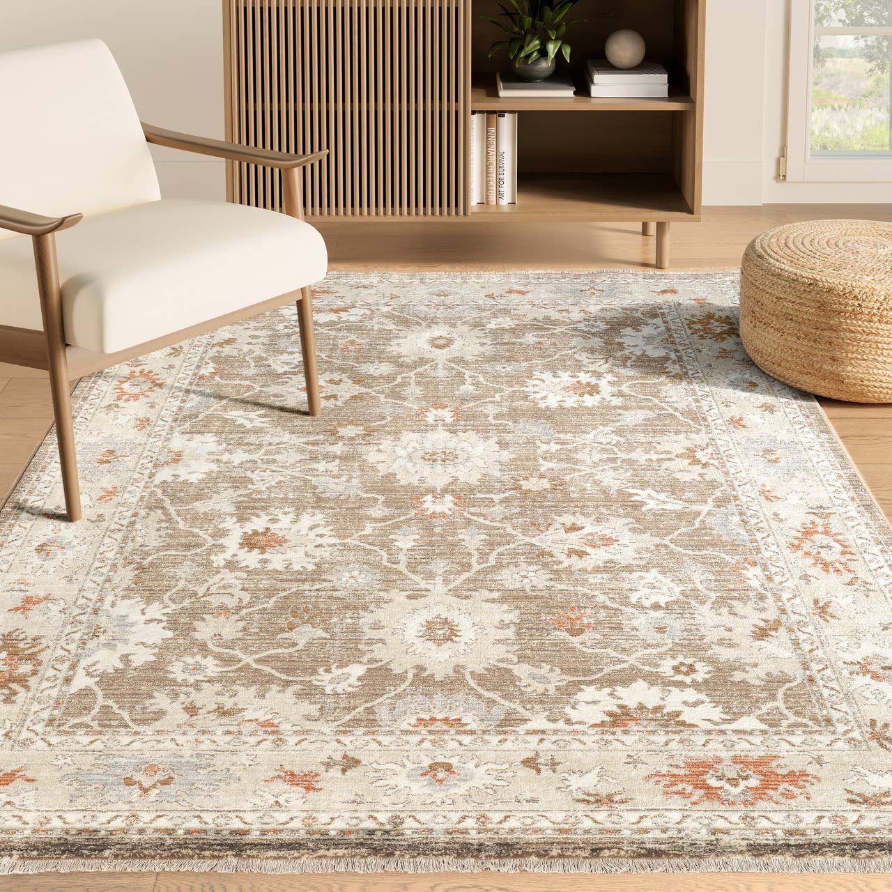 Alara Taupe Cream Vintage Medallion Floral Area Rug: 7'9" x 10'