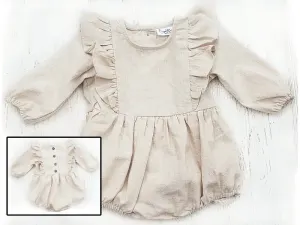 Baby Girl Linen Romper Ruffled Sleeve Dressy Gabriella OATMEAL