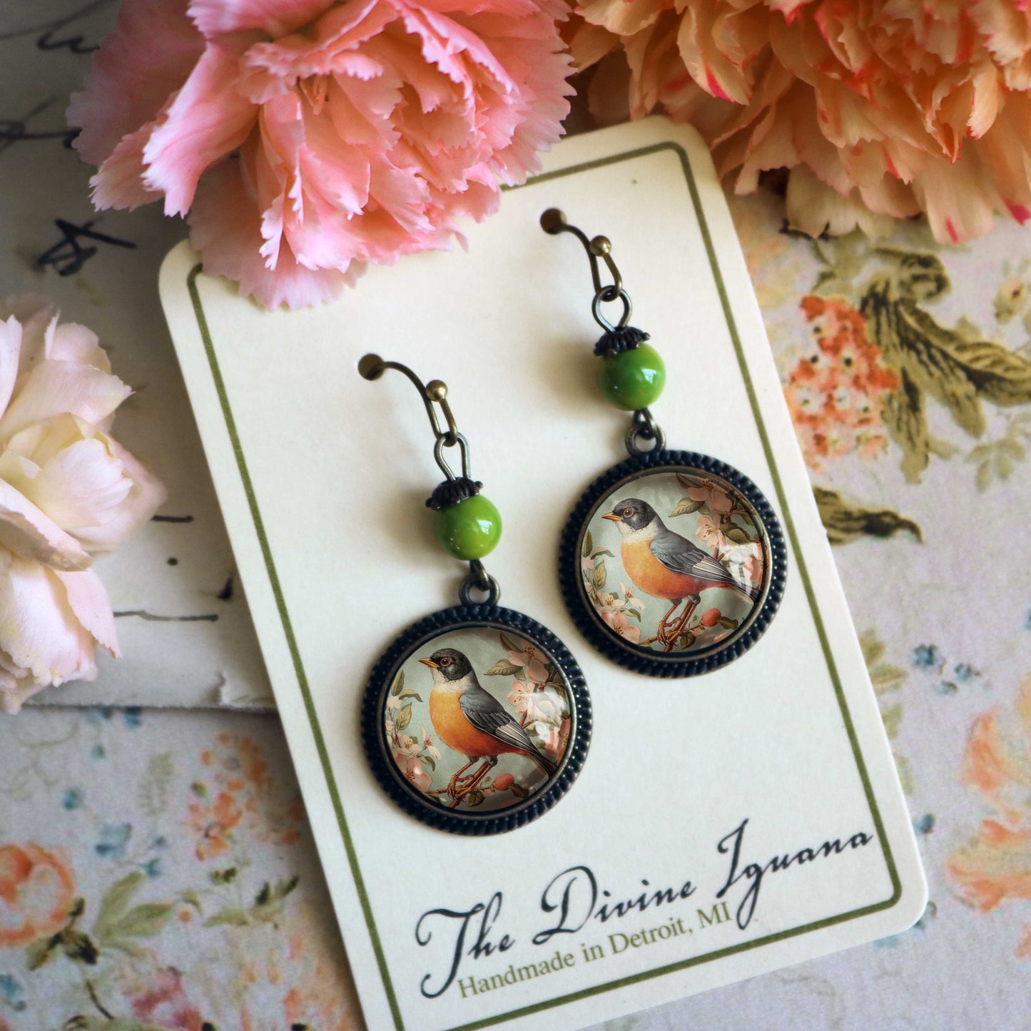 Vintage Robin Bird Vintage Inspired Glass Cabochon Earrings