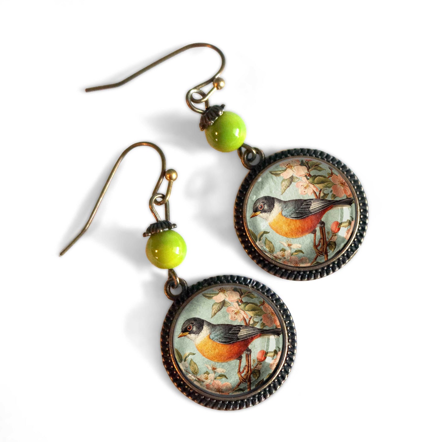 Vintage Robin Bird Vintage Inspired Glass Cabochon Earrings