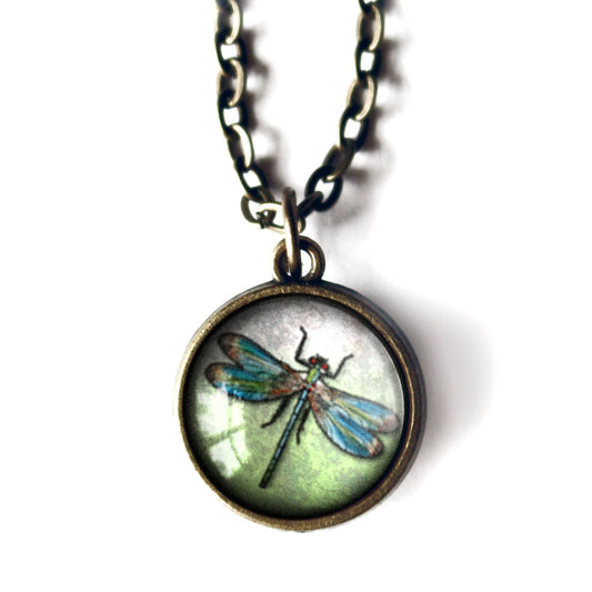 Dragonfly Simple Reversible Glass Cabochon Pendant Necklace