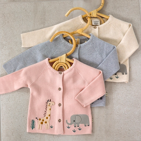 Café Latte Animal Safari Embroidered Baby Cardigan Sweater (Organic)